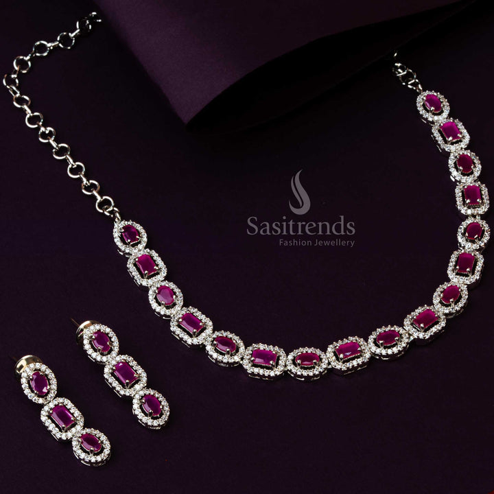 Rhodium Silver Plated Party Wear Necklace Set with American Diamonds-Ruby Pink - Sasitrends