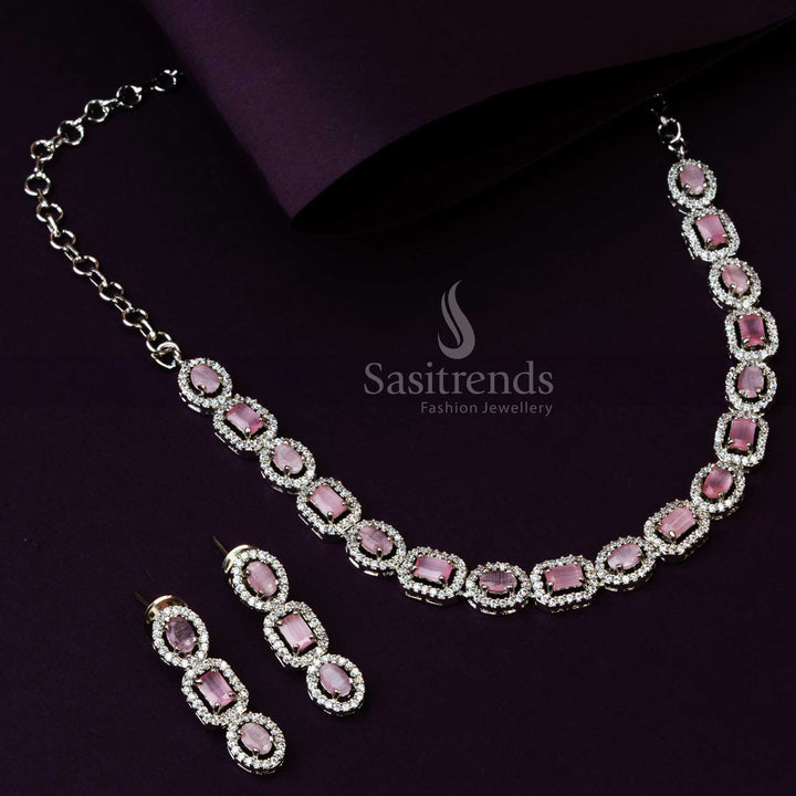 Stunning Pink Stone Party Wear American Diamon Necklace - Rhodium Silver Plated Jewelry - Sasitrends