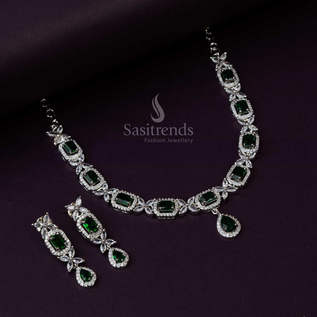 Rhodium Silver Plated Necklace Set with Green AD Stones - Party Wear -  Sasitrends