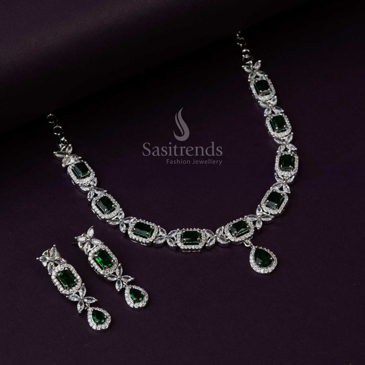 Rich Look Party Wear Rhodium Silver Plated American Diamond Jewellery Set with Gorgeous Floral Pattern | Sasitrends