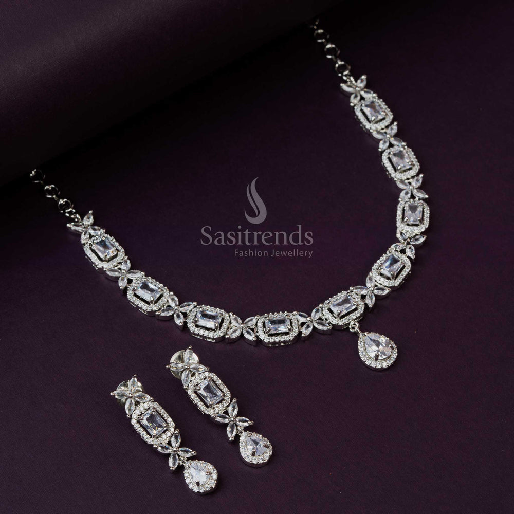 Rhodium Silver Plated Necklace Set with White American Diamond Stones - Sasitrends