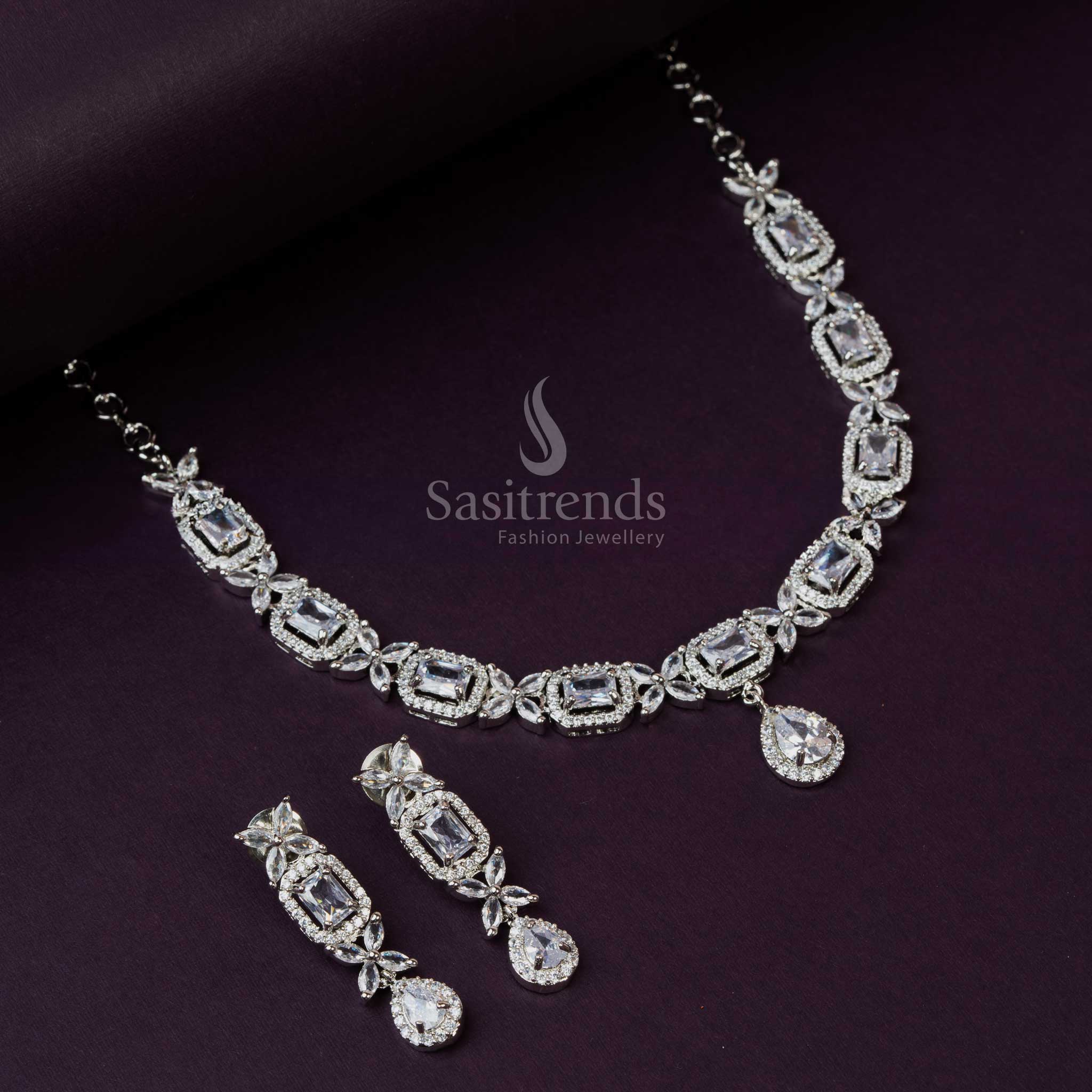 Rhodium Silver Plated Necklace Set with White American Diamond Stones - Sasitrends