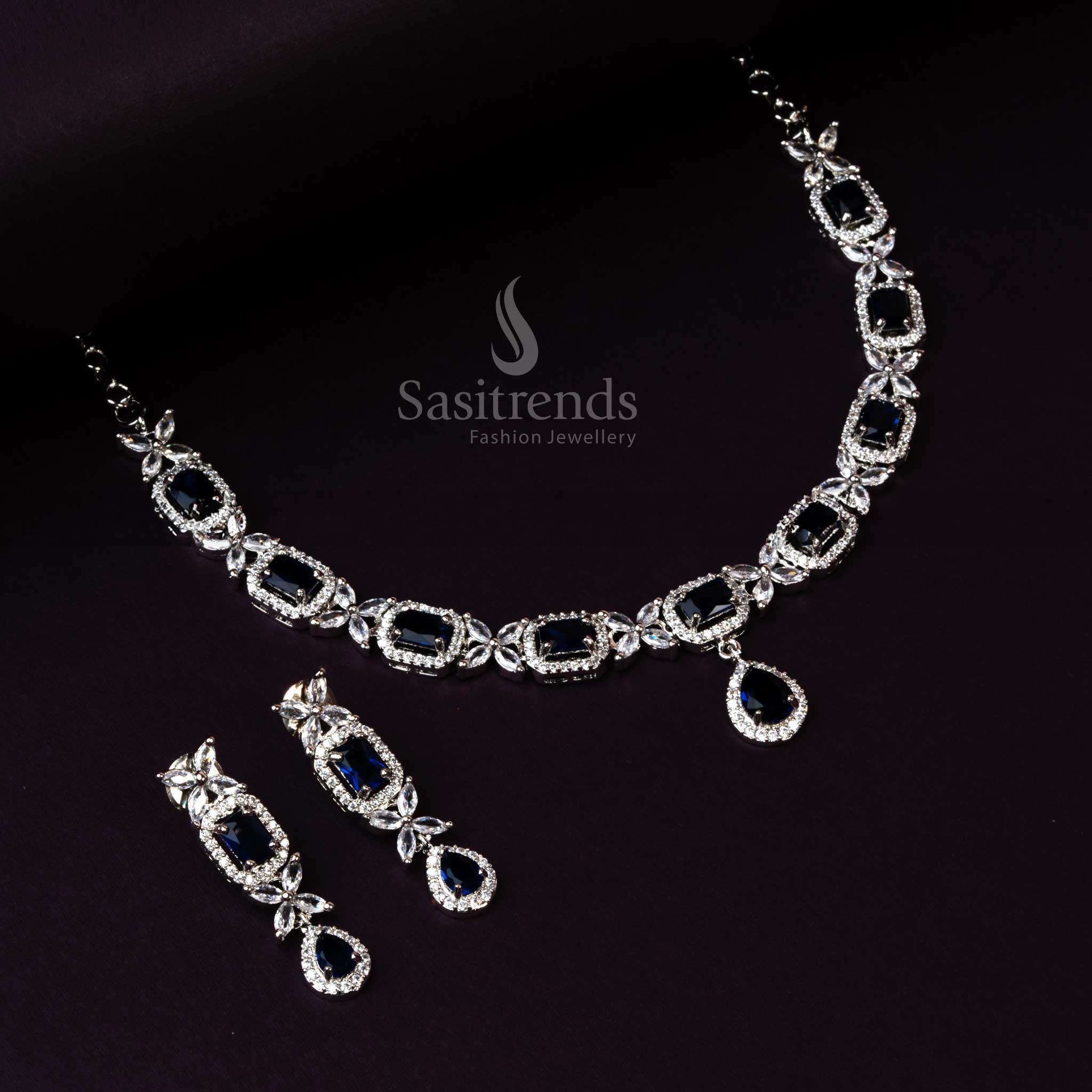 Blue AD Stone Necklace Set with Rhodium Silver Plating - Trendy Jewelry - Sasitrends