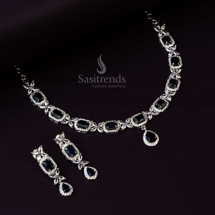 Blue AD Stone Necklace Set with Rhodium Silver Plating - Trendy Jewelry - Sasitrends