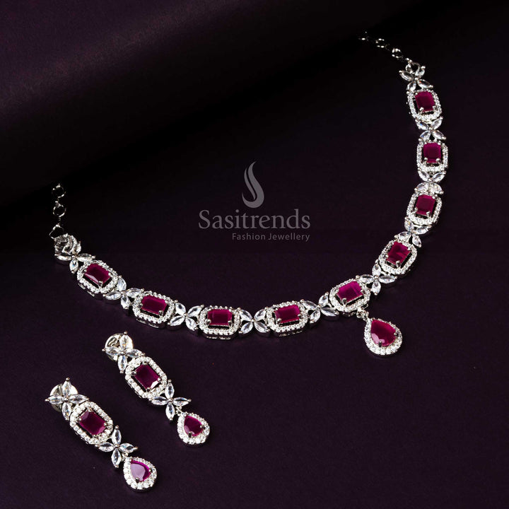 Rhodium Silver Plated Necklace Set with Ruby American Diamond Stones