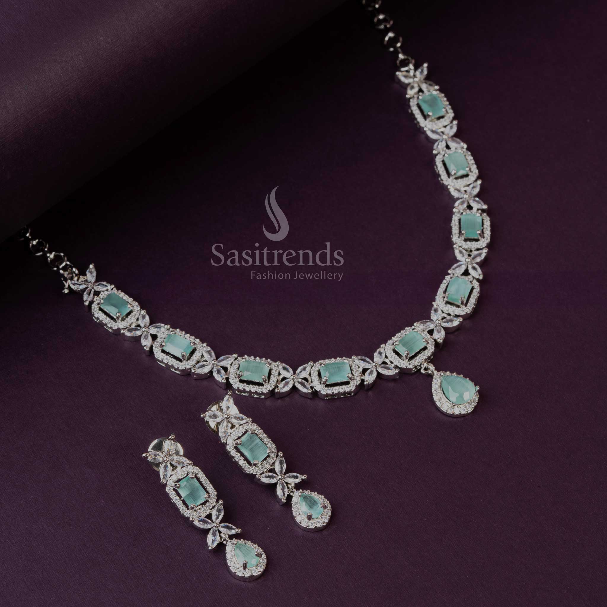 Mint AD Stone Necklace Set with Rhodium Silver Plating - Festive Collection - Sasitrends