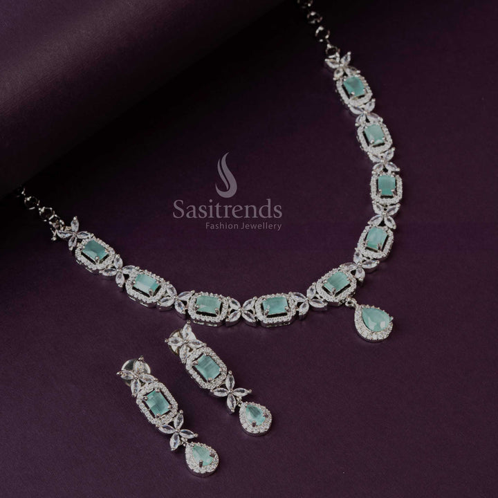Mint AD Stone Necklace Set with Rhodium Silver Plating - Festive Collection - Sasitrends