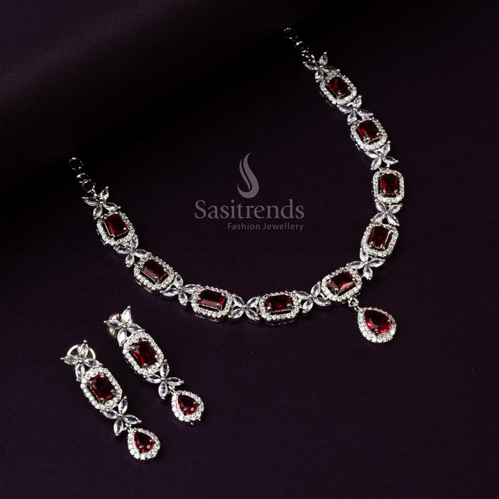 Rhodium Silver Plated Red AD Stone Necklace Set - Latest Party Wear - Sasitrends