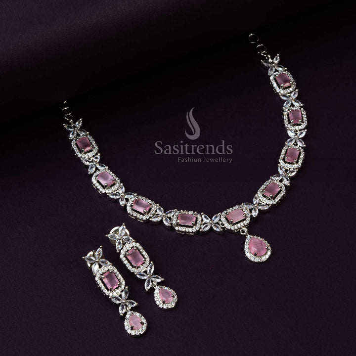Pink AD Stone Necklace Set with Rhodium Silver Plating - Party Wear - Sasitrends