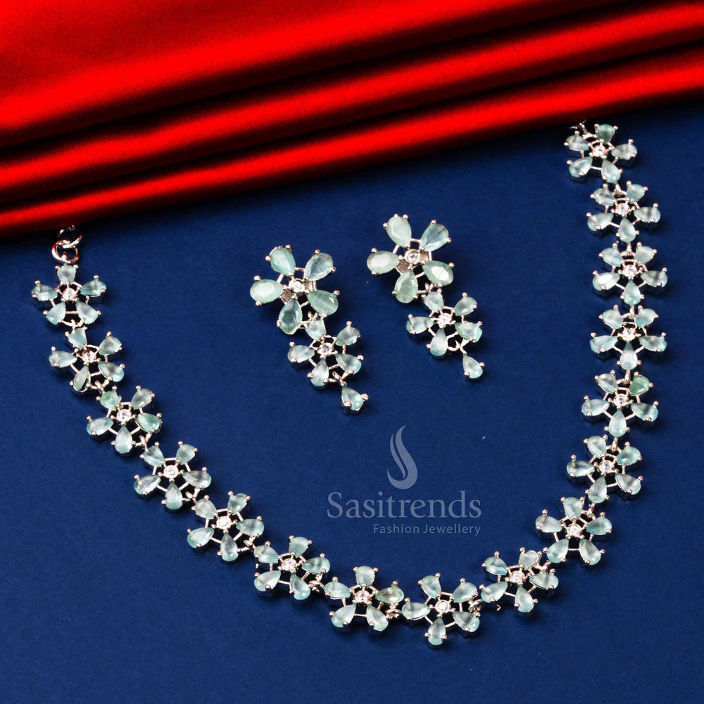 Mint American Diamonds in Rhodium Silver Plated Necklace Set - Sasitrends