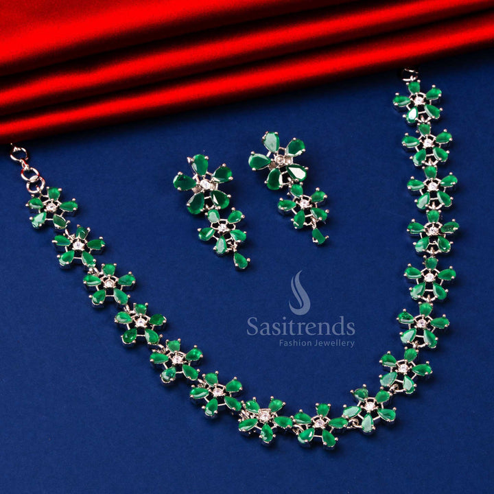 Rhodium Silver Plated AD Floral Motif Necklace in Rhodium Silver with Stunning Green Stones