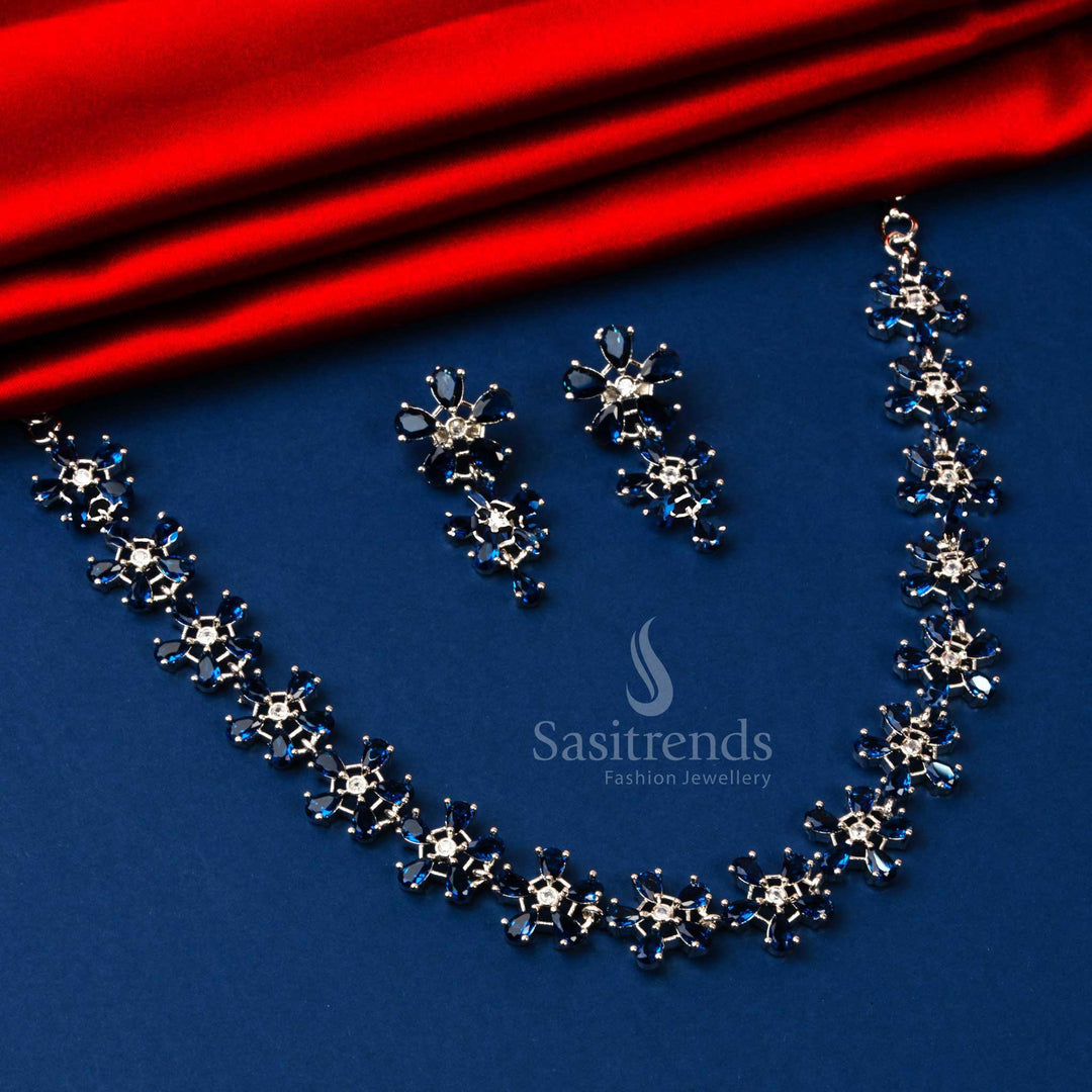 Latest Rhodium Silver Plated AD Necklace Set with Blue Floral Motifs - Sasitrends