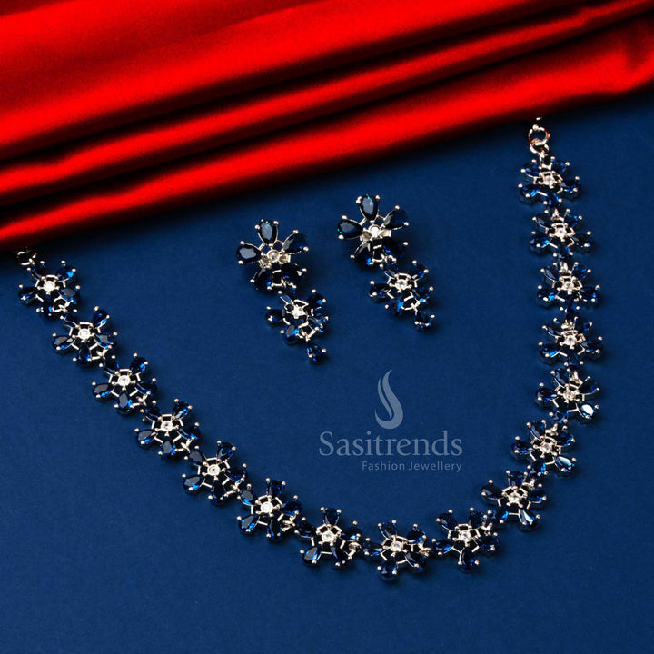 Latest Rhodium Silver Plated Stunning Floral Pattern Party Wear Jewellery Set with American Diamond Stones | Sasitrends