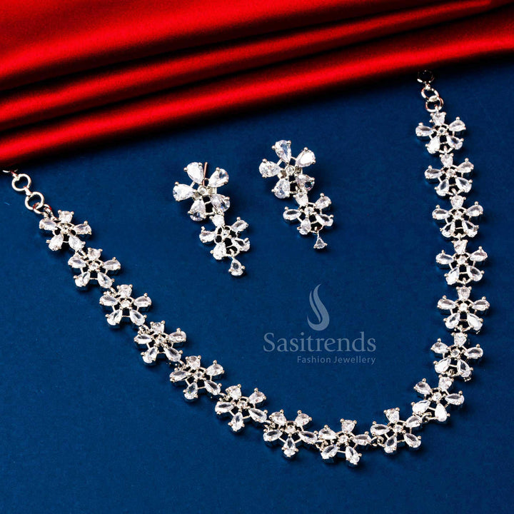 Rhodium Silver Floral Pattern Necklace Set with American Diamonds
