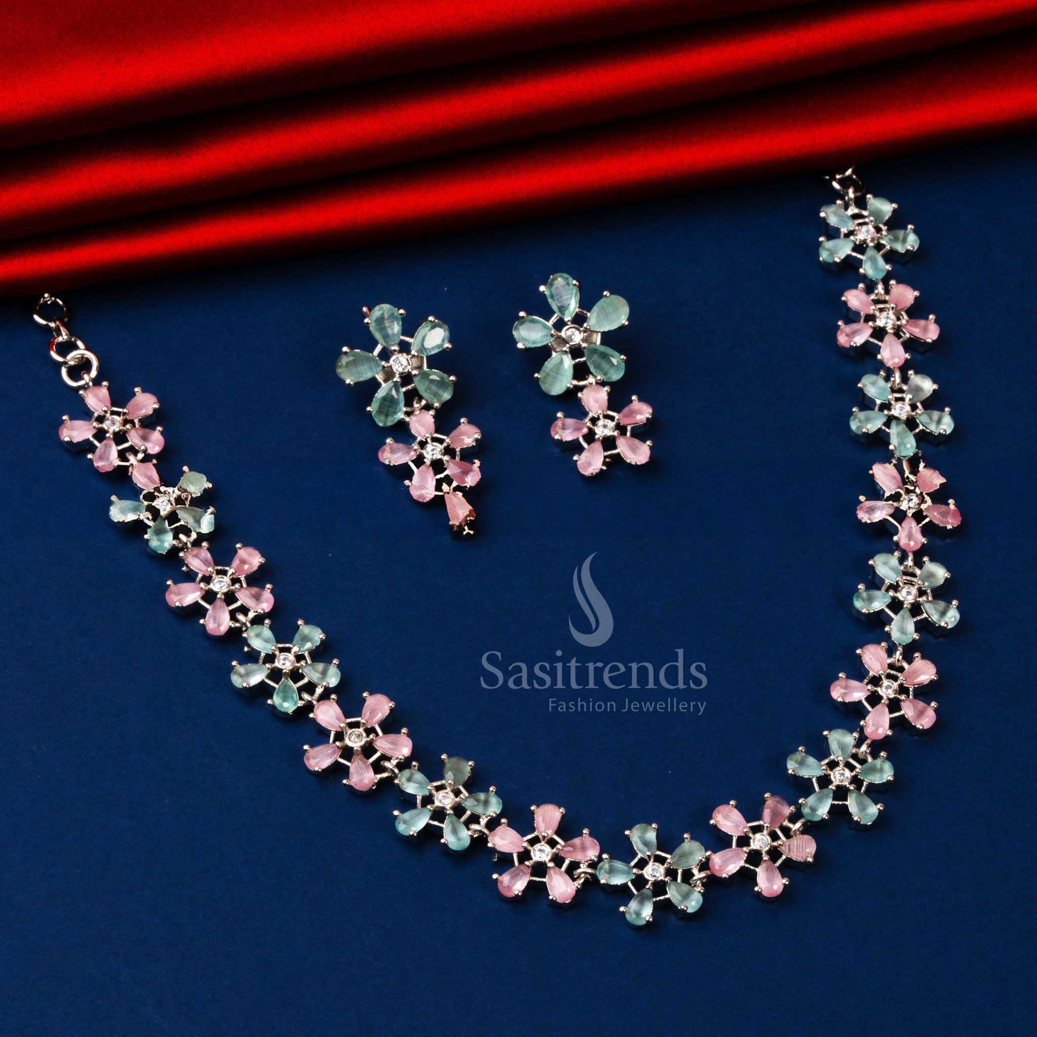 Rhodium Silver Plated Party Wear Necklace Set with Mint and Pink American Diamond Stones - Sasitrends