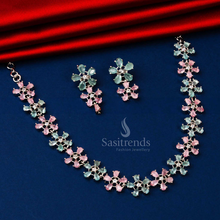 Rhodium Silver Plated Party Wear Necklace Set with Mint and Pink American Diamond Stones - Sasitrends