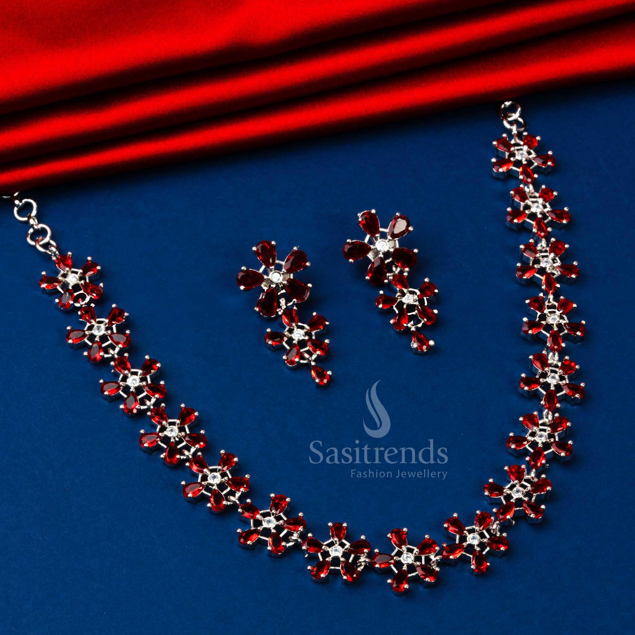 Rhodium Silver Plated AD Necklace with Elegant Red Floral Motifs