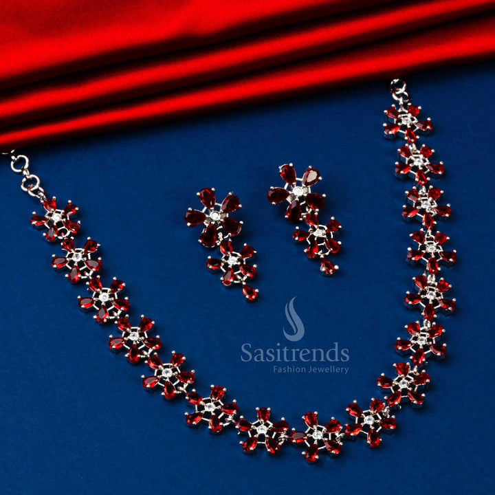 Rhodium Silver Plated AD Necklace with Elegant Red Floral Motifs