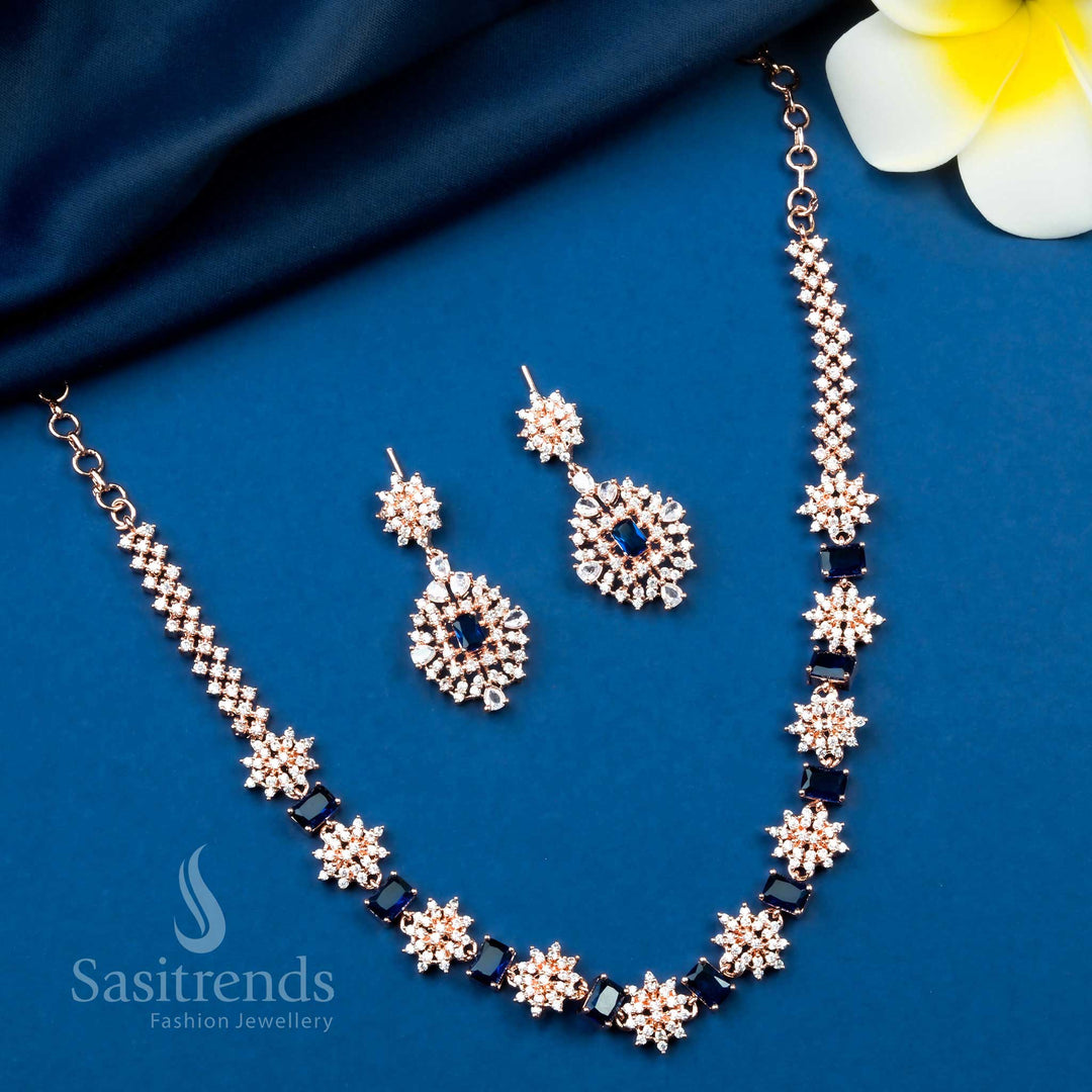 Stunning Party Wear Rose Gold Plated American Diamond Floral Necklace Jewellery Set for Women Sasitrends