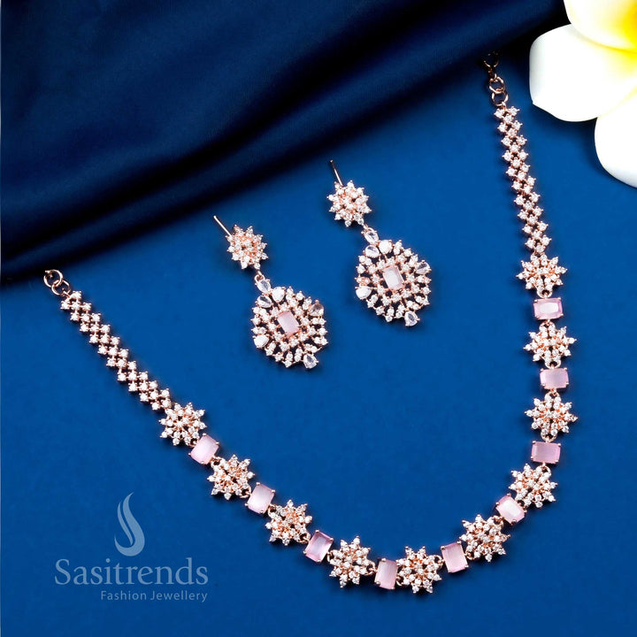 Baby pink floral party jewellery set with rose gold finish and sparkling American diamond detailing – Sasitrends