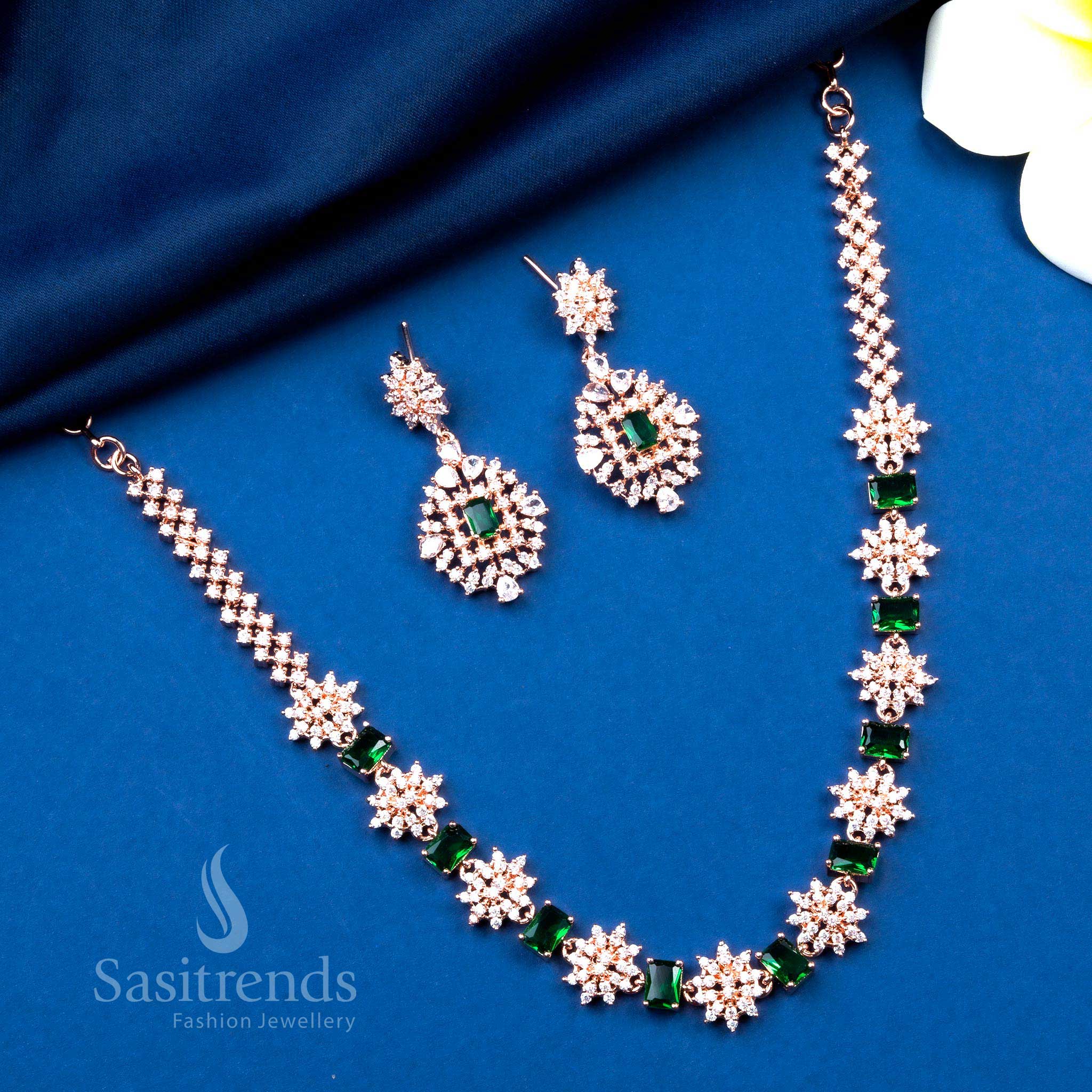 Green rose gold plated jewellery set for women with bold floral sparkle and festive party statement style – Sasitrends