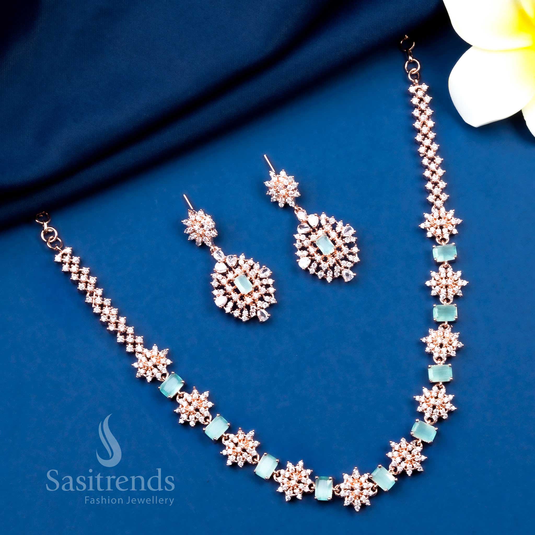 Mint green floral party wear jewellery set in rose gold with American diamonds, blending pastel grace and soft charm – Sasitrends