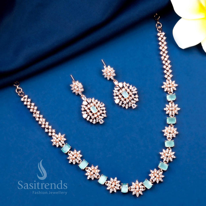 Mint green floral party wear jewellery set in rose gold with American diamonds, blending pastel grace and soft charm – Sasitrends
