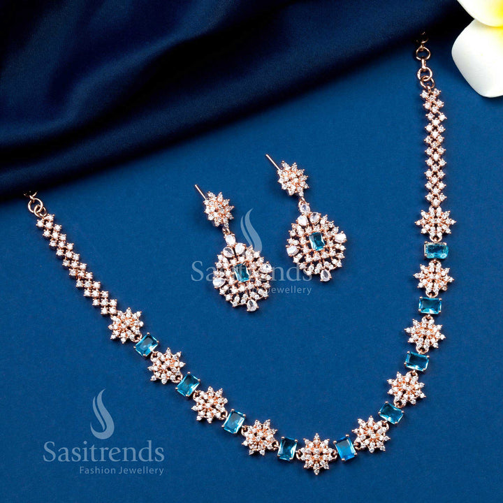 Sky blue rose gold floral party wear jewellery set with American diamonds, radiating dreamy shine and elegance – Sasitrends
