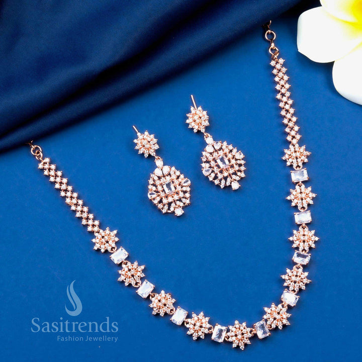 Elegant white American diamond party wear jewellery set in rose gold finish with a chic floral touch – Sasitrends