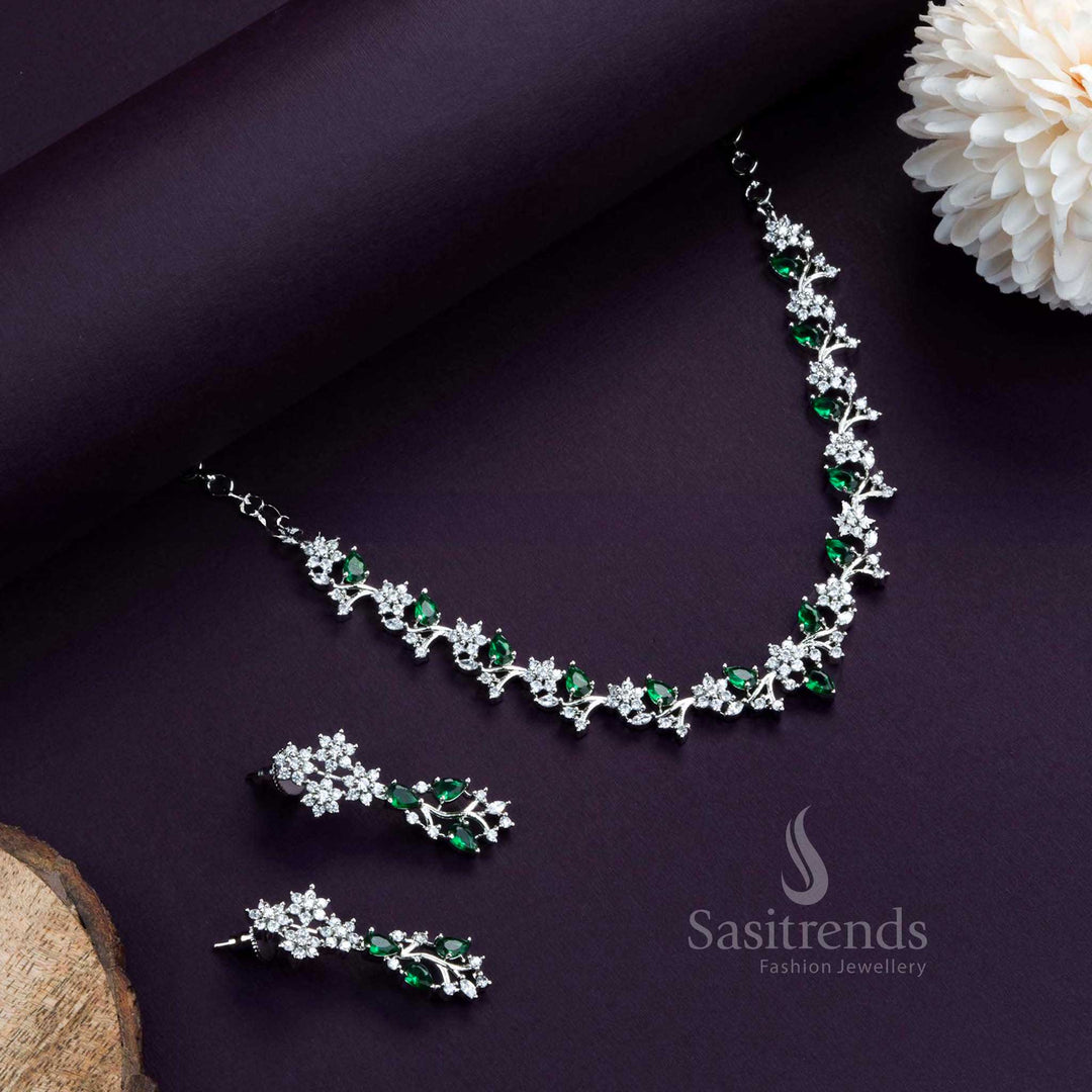 Rich party wear rhodium silver plated choker necklace set with floral pattern and American diamond stones. - Sasitrends