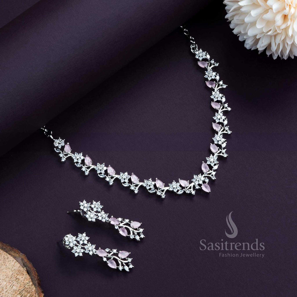Charming Rhodium Silver Plated Necklace Set in Pink. Elegant Floral Pattern, Accentuated with American Diamonds. - Sasitrends