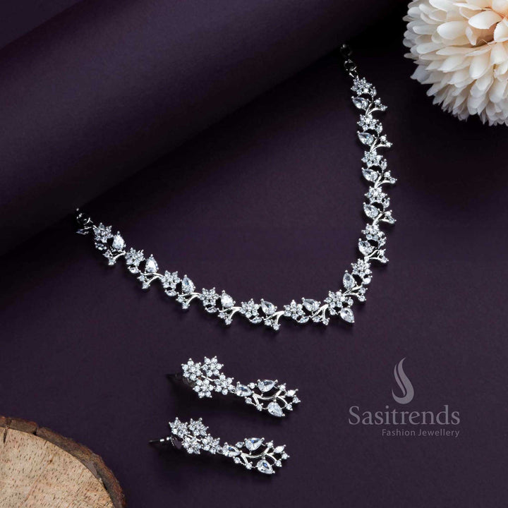 Graceful Rhodium Silver Plated Necklace Set in White. Stunning Floral Pattern, Enhanced with American Diamonds - Sasitrends