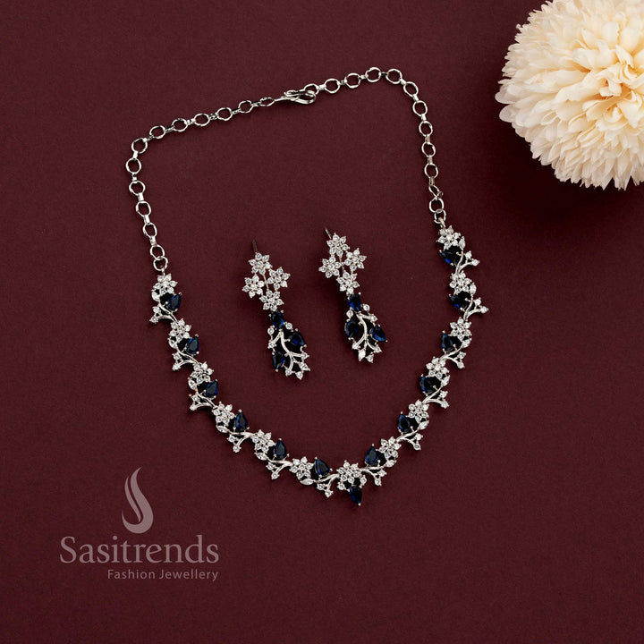 Glamorous Rhodium Silver Plated Necklace Set in Blue  Stunning Floral Pattern, Embellished with American Diamonds