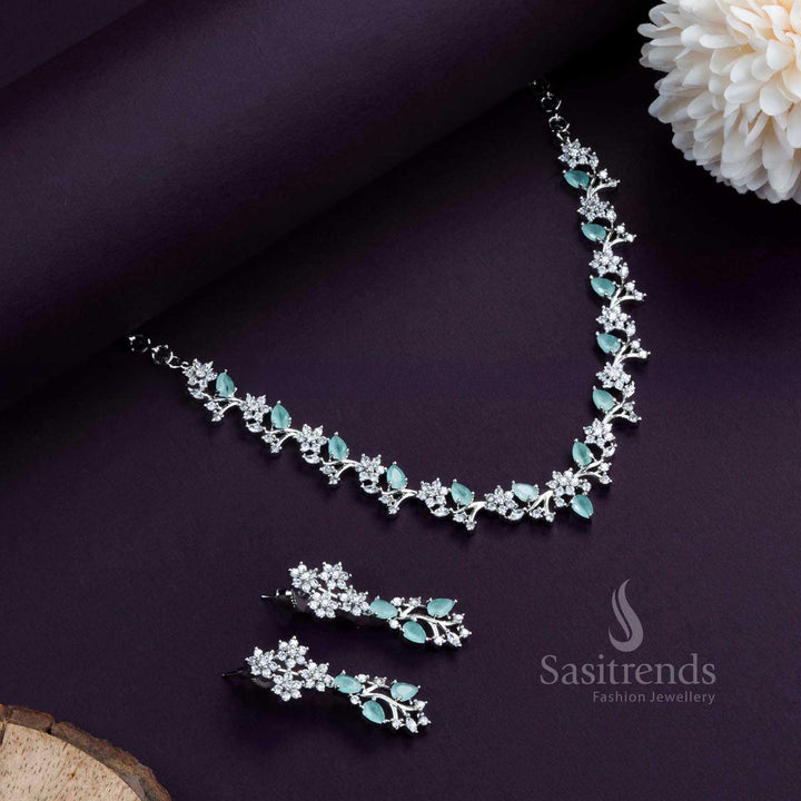 Elegant Rhodium Silver Plated Necklace Set in Mint, Featuring Stunning Floral Pattern & American Diamonds. 
