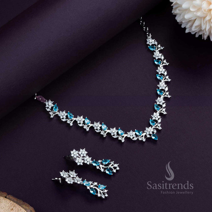 Chic Rhodium Silver Plated Necklace Set in Ocean Blue. Gorgeous Floral Pattern, Studded with American Diamonds