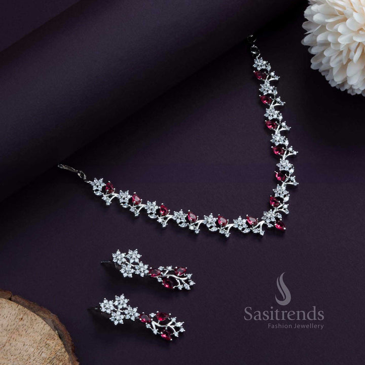 Glamorous Rhodium Silver Plated Necklace Set in Red. Stunning Floral Pattern, Embellished with American Diamonds