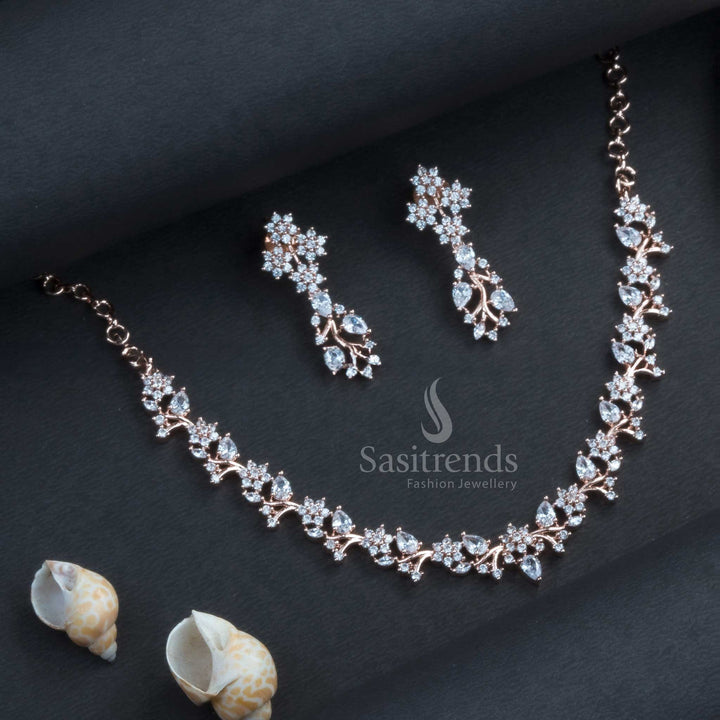 Stunning Rose Gold Plated Floral Necklace Set with American Diamond Stones - Sasitrends