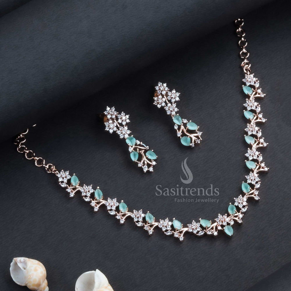 Stunning Rose Gold Plated Floral Necklace Set with American Diamond Stones  - Sasitrends