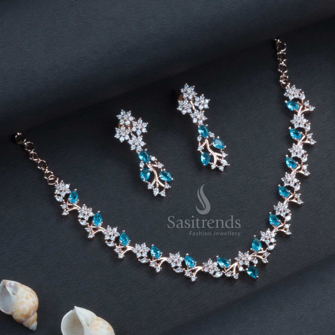 Rose Gold Plated Floral Necklace Set with American Diamonds - Sasitrends