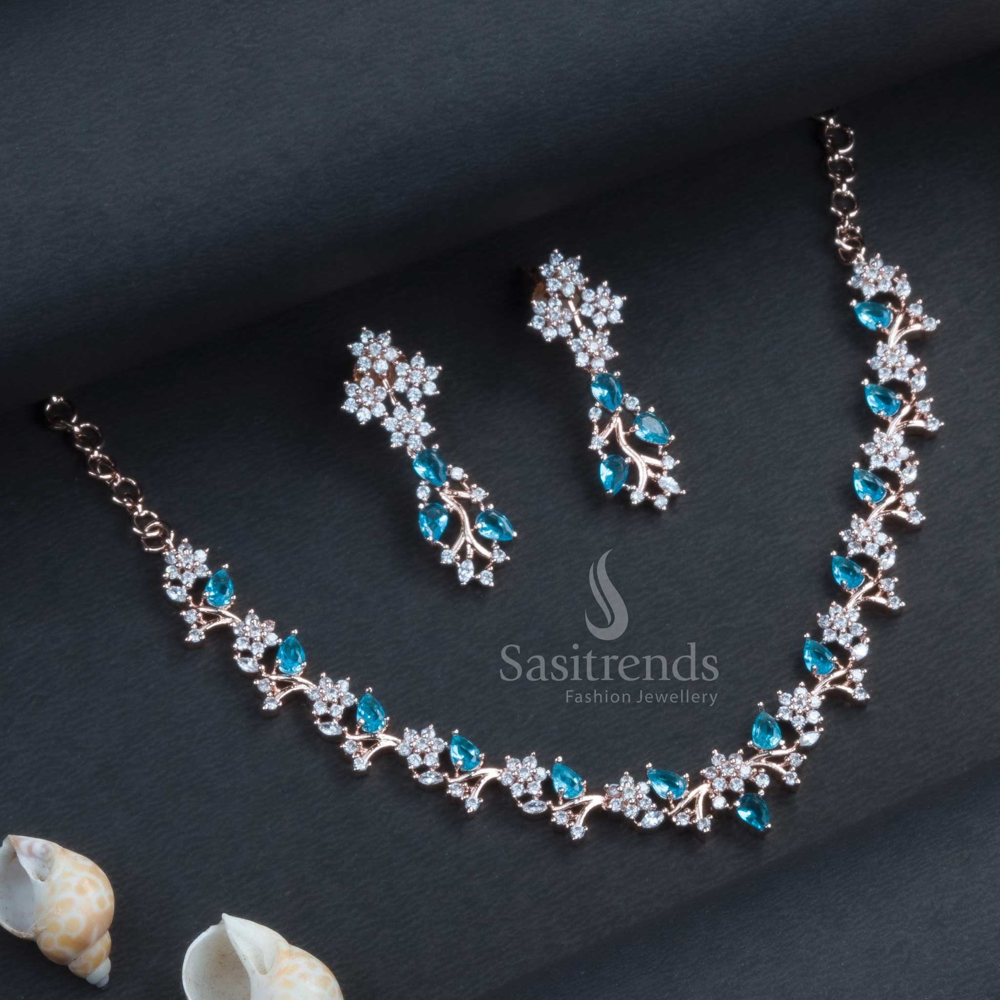Rose Gold Plated Floral Necklace Set with American Diamonds - Sasitrends