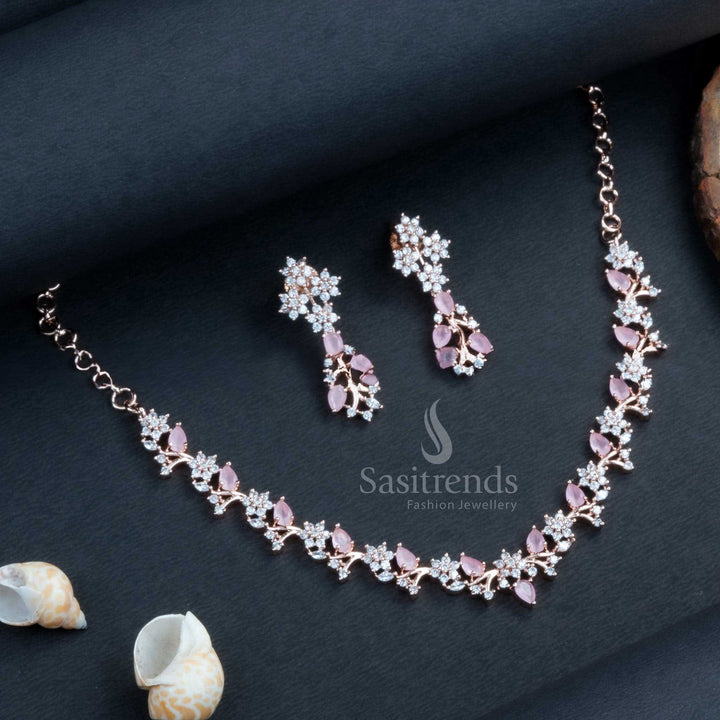 Stunning Rose Gold Plated Floral Necklace Set with American Diamond Stones  - Sasitrends