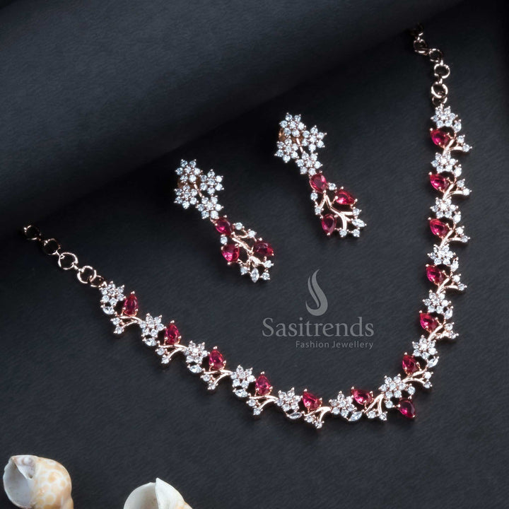 Stunning Rose Gold Plated Floral Necklace Set with American Diamond Stones - Sasitrends