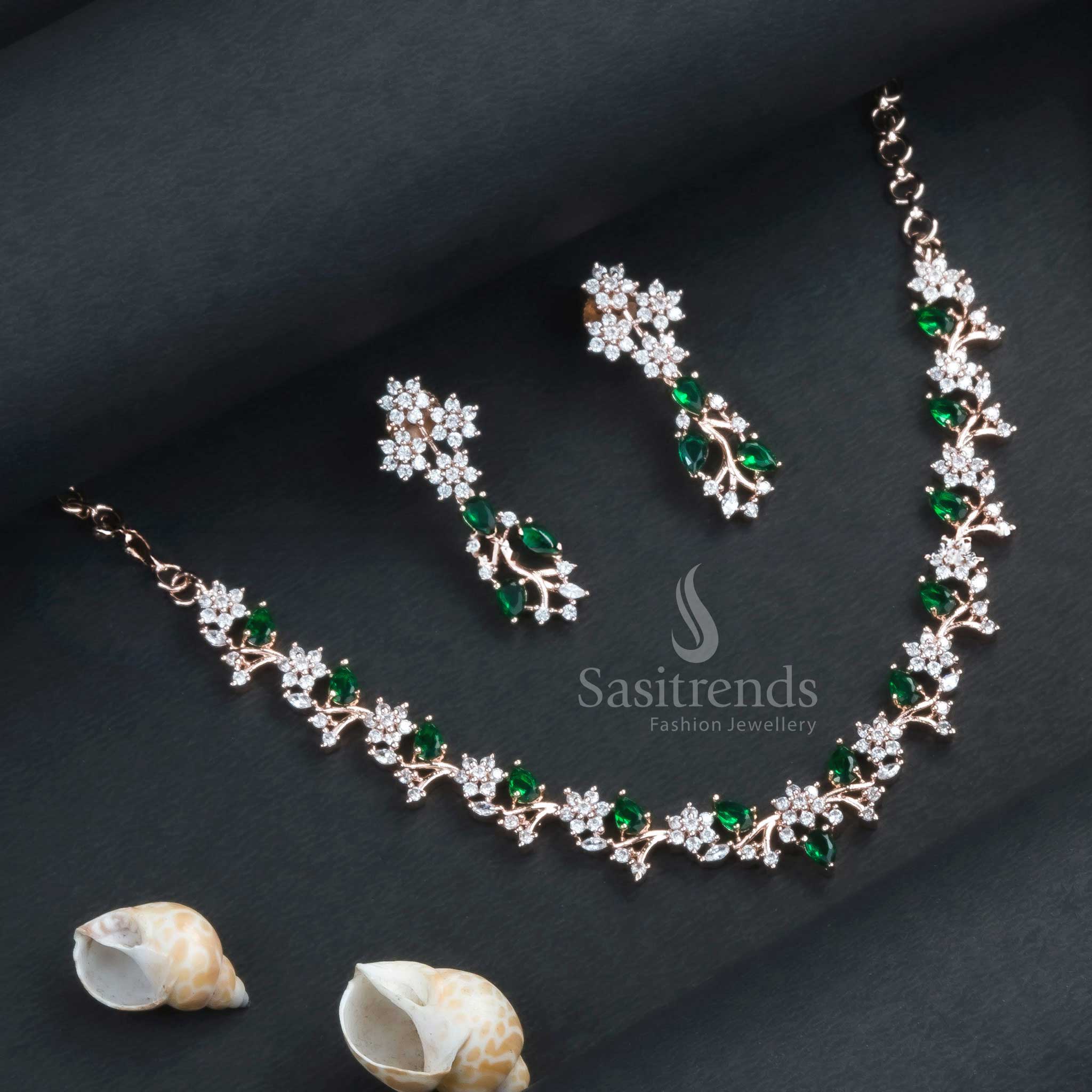 Stunning Rose Gold Plated Floral Necklace Set with American Diamond Stones - Sasitrends