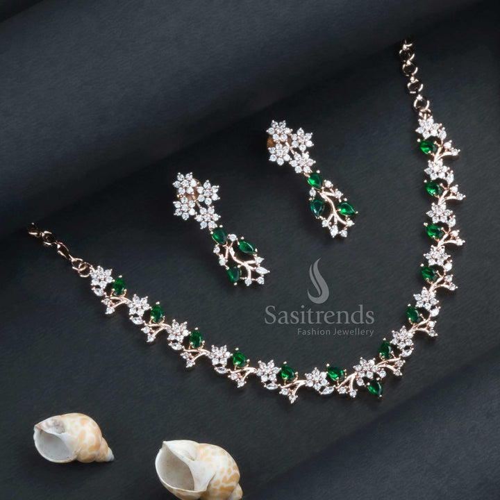 Stunning Rose Gold Plated Floral Necklace Set with American Diamond Stones - Sasitrends