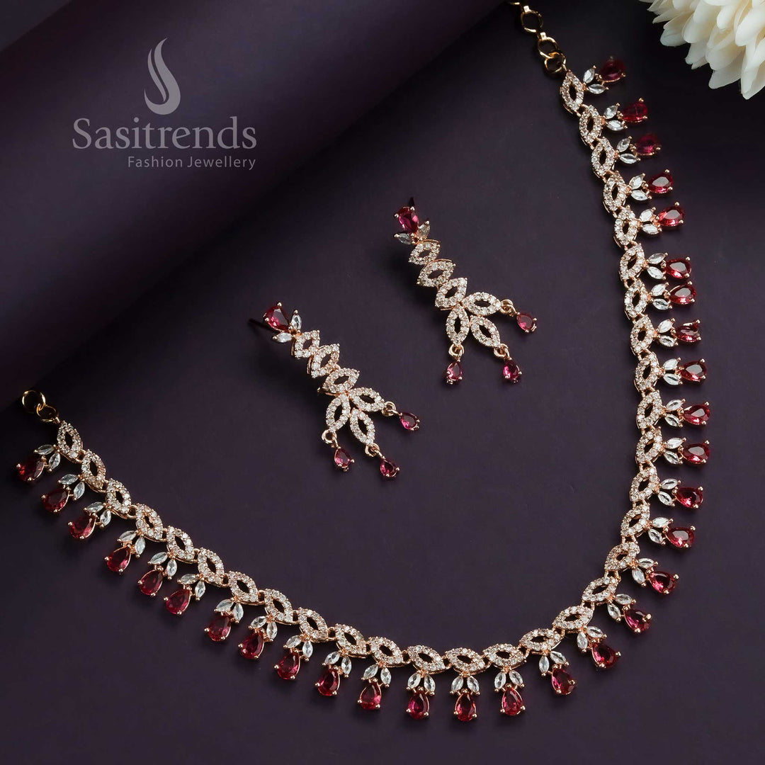 Vibrant red rose gold plated floral necklace jewellery set with radiant American diamonds, crafted for festive party looks – Sasitrends