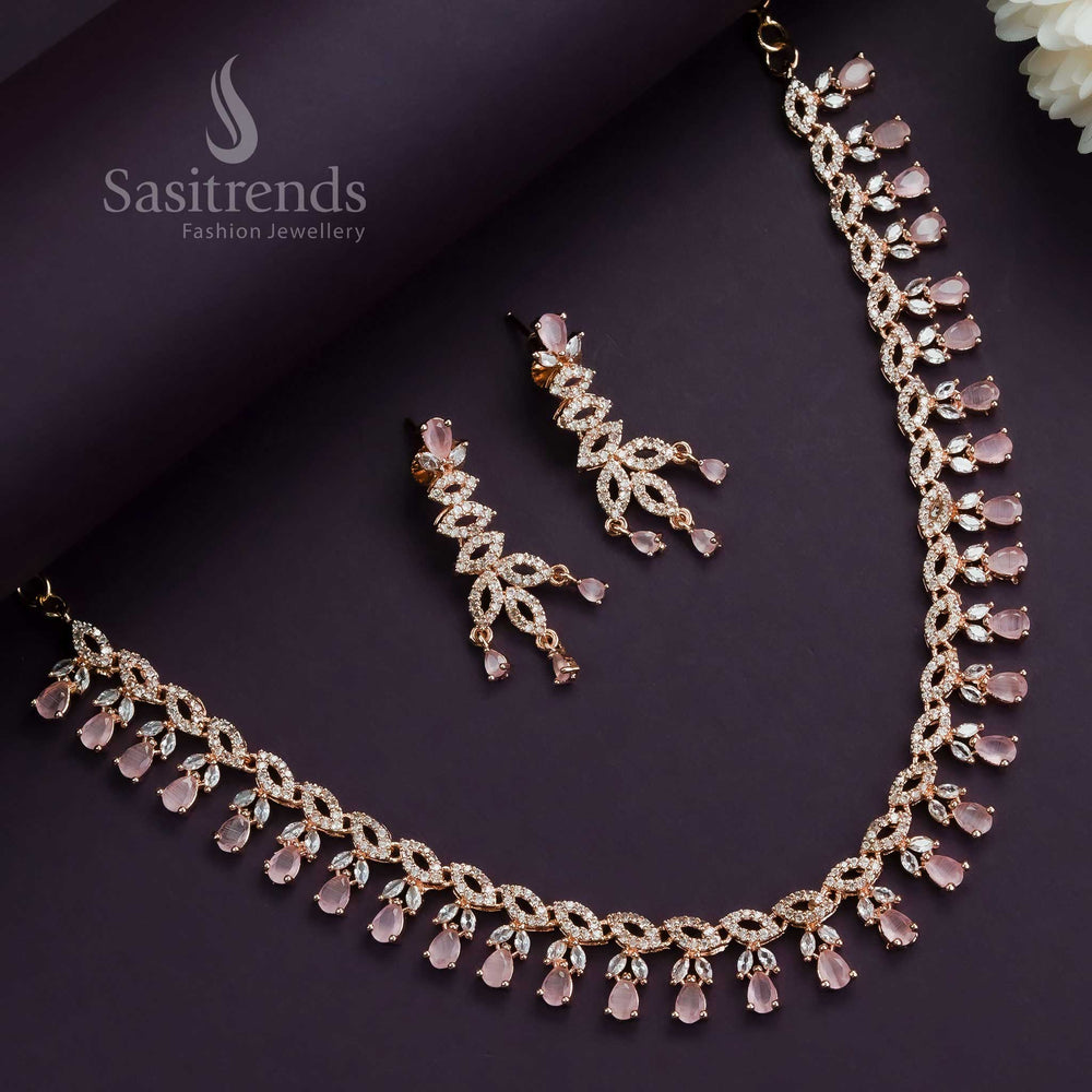 Baby pink rose gold plated jewellery set with floral necklace design and diamond sparkle, perfect for elegant evenings – Sasitrends