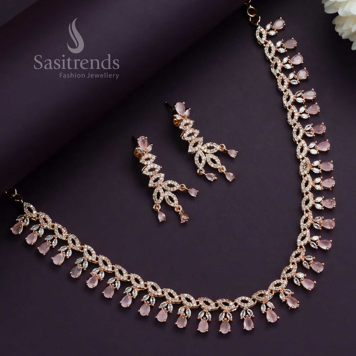 Baby pink rose gold plated jewellery set with floral necklace design and diamond sparkle, perfect for elegant evenings – Sasitrends