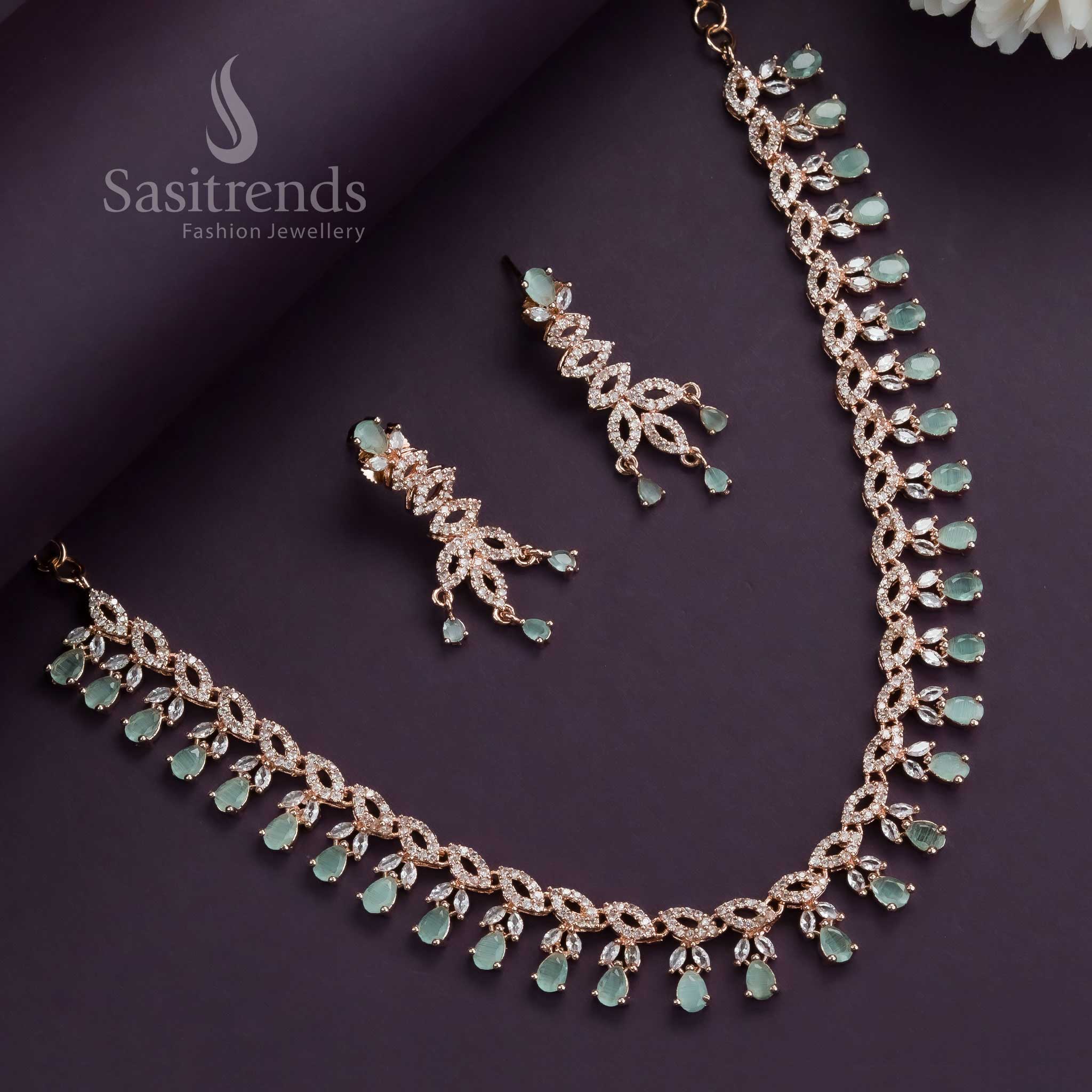 Mint green floral necklace jewellery set with soft pastel hues and shimmering American diamonds in a rose gold finish – Sasitrends