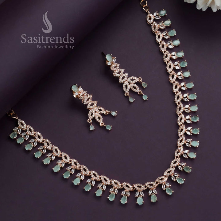 Mint green floral necklace jewellery set with soft pastel hues and shimmering American diamonds in a rose gold finish – Sasitrends
