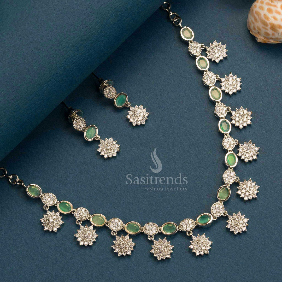Trendy Mint Floral Necklace Set with American Diamond Stones for Women - Rhodium Silver Plated Party Wear Jewelry Online Shopping - Sasitrends